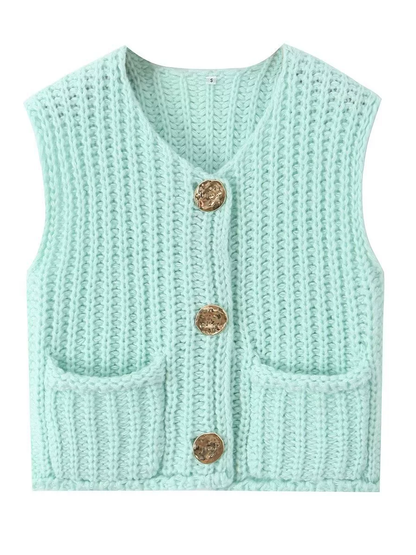 Sleeveless Buttoned Pockets Solid Color Cardigan Tops Knit Top
