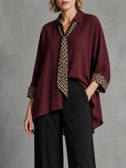 Tied Split-Joint Leopard Contrast Color Three-quarter Sleeves Loose Lapel Blouses&shirts Tops
