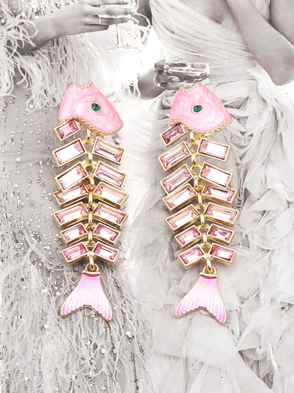 Fish Bones Rhine Stones Shiny Earrings Accessories