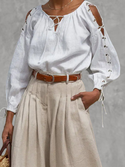 Split-Joint Solid Color Pleated Hollow Drawstring Loose Long Sleeves Cold shoulder Blouses&shirts Tops