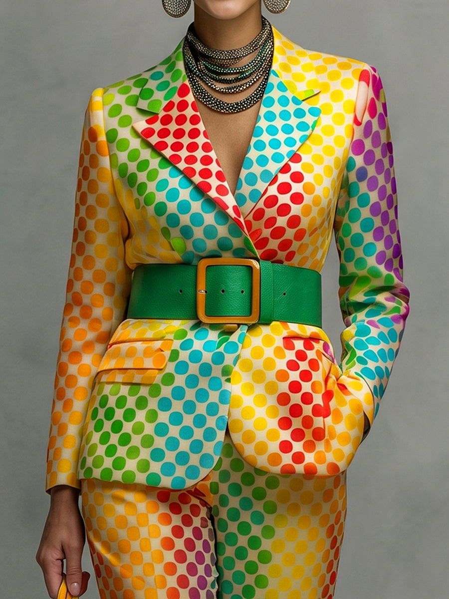 Polka-Dot No Belt Contrast Color Colorful Long Sleeves Notched Collar Outerwear Blazer