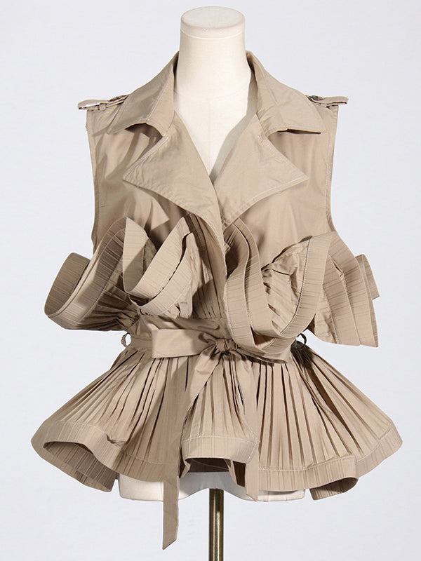 Loose Sleeveless Buttoned Pleated Ruffled Solid Color Tied Waist Notched Collar Blouses&Shirts Tops