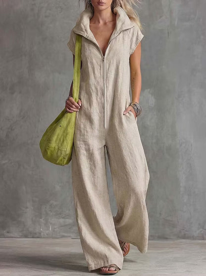 Zipper Solid Color Pockets Wide Leg Loose Stand Collar Jumpsuits