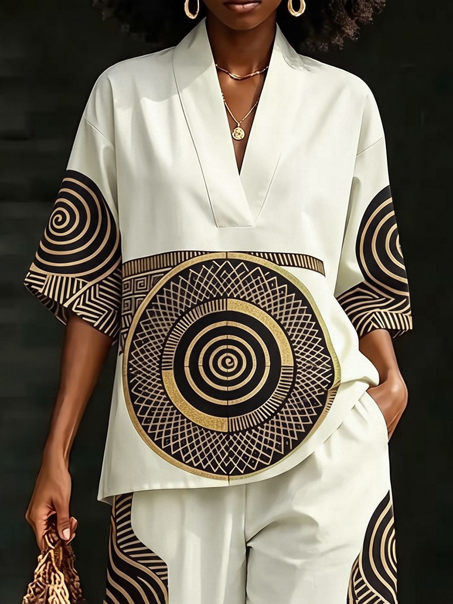 Printed Contrast Color Loose Half Sleeves V-neck Blouses&shirts Tops