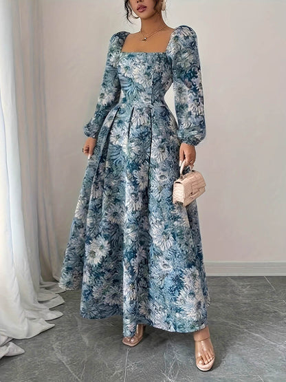 A-Line High Waisted Contrast Color Flower Print Pleated Split-Joint Square-Neck Maxi Dresses