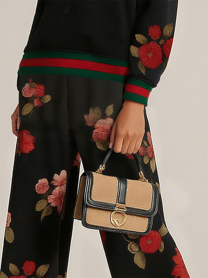High Waisted Wide Leg Contrast Color Flower Print Pockets Split-Joint Pants Trousers