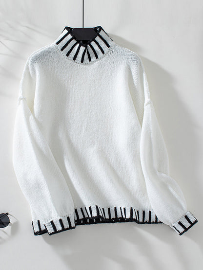 Long Sleeves Loose Contrast Color Split-Joint High Neck Pullovers Sweater Tops