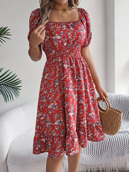 A-Line Short Sleeves Contrast Color Elasticity Flower Print Ruffle Trim Split-Joint Square-Neck Midi Dresses