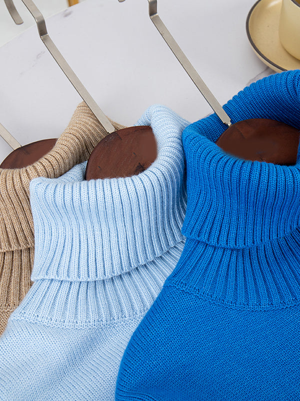 High-Low Long Sleeves Solid Color Split-Joint High Neck Sweater Tops