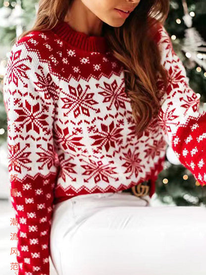 Long Sleeves Contrast Color Knitted Flower Round-Neck Pullovers Sweater Tops