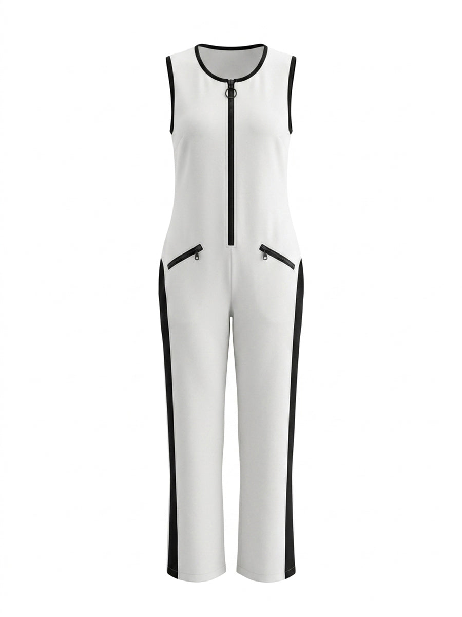 Loose Sleeveless Contrast Color Pockets Zipper V-Neck Jumpsuits