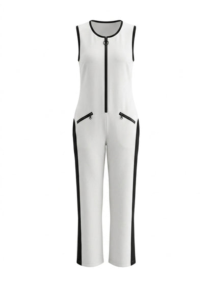 Loose Sleeveless Contrast Color Pockets Zipper V-Neck Jumpsuits