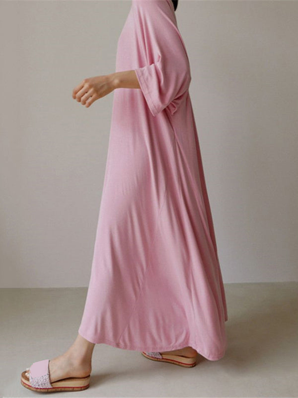 Loose Three-Quarter Sleeves Solid Color Round-Neck Maxi Dresses