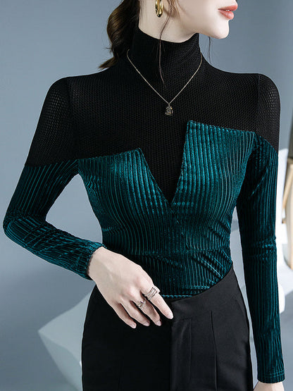 Long Sleeves Skinny Contrast Color Split-Joint High Neck T-Shirts Tops