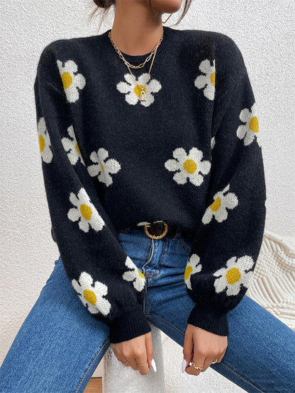 Long Sleeves Loose Contrast Color Floral Printed Split-Joint Round-Neck Sweater Tops