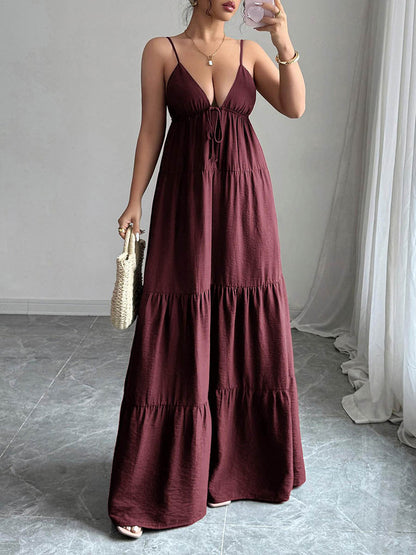 A-Line Sleeveless Backless Drawstring Pleated Solid Color Spaghetti-Neck Maxi Dresses