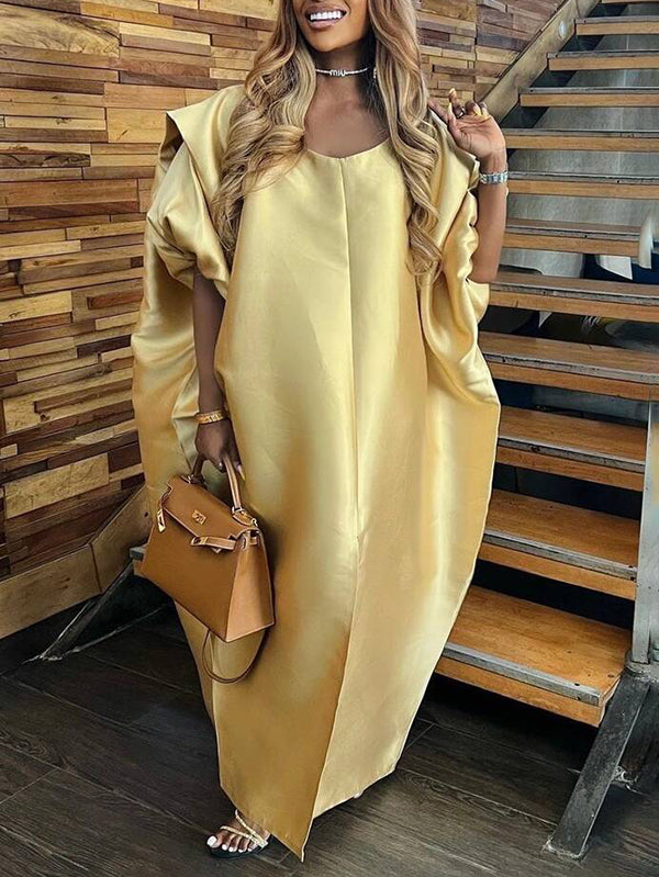 Half Sleeves Loose Elasticity Pleated Solid Color Split-Front V-Neck Maxi Dresses