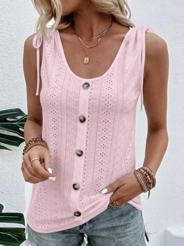 Loose Plus Size Buttoned Hollow Pleated Split-Joint Tied U-neck Vest Top
