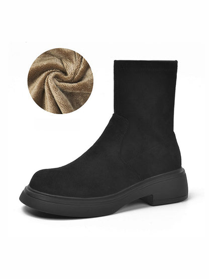 Chunky Shoes Round-Toe Split-Joint Velvet Boots