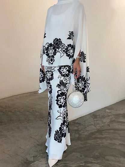 Batwing Sleeves Loose Flower Print Mock Neck Blouses&Shirts Tops