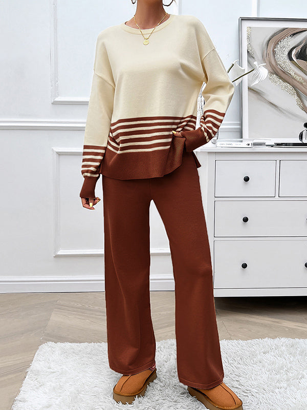 Long Sleeves Loose Contrast Color Split-Side Striped Round-Neck Sweater Top + Pants Bottom Two Pieces Set