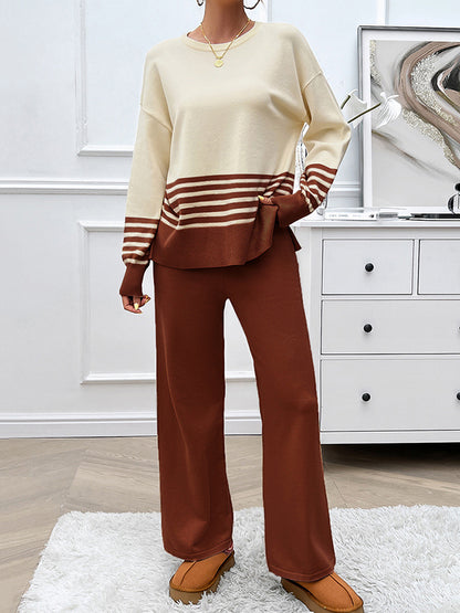 Long Sleeves Loose Contrast Color Split-Side Striped Round-Neck Sweater Top + Pants Bottom Two Pieces Set