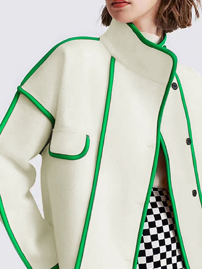 Long Sleeves Loose Buttoned Contrast Color Pockets Split-Joint Stand Collar Woolen Coat