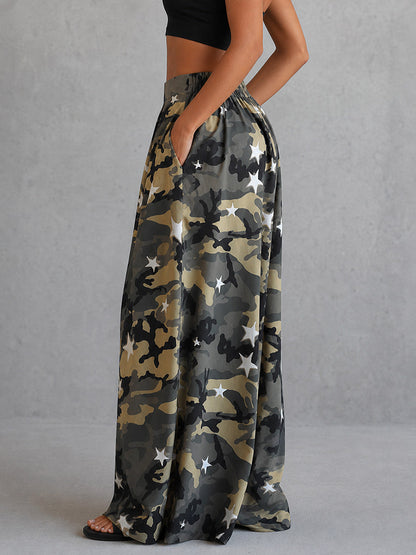 Printed Pockets Elasticity Contrast Color Camouflage Wide Leg Loose Trousers Pants