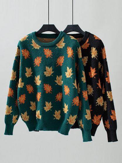 Long Sleeves Loose Contrast Color Jacquard Knitted Leaves Split-Joint Round-Neck Pullovers Sweater Tops