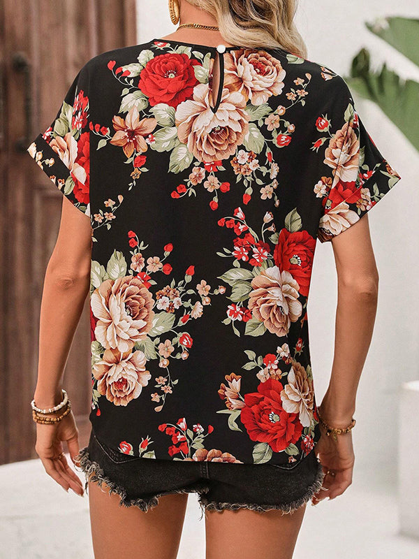 Loose Short Sleeves Flower Print Hollow Split-Joint Round-Neck Blouses&Shirts Tops