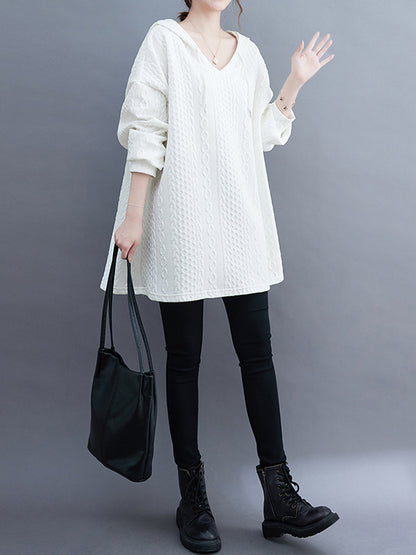 Hooded Long Sleeves Drawstring Jacquard Solid Color Split-Joint Hoodies Tops