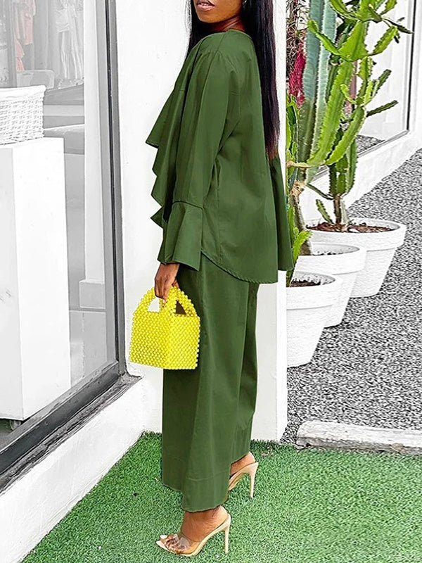 High-Low Loose Pleated Solid Color Split-Joint Round-Neck Blouses&Shirts Tops