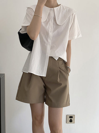 Loose Short Sleeves Solid Color Split-Joint Peter Pan Collar Blouses&Shirts Tops