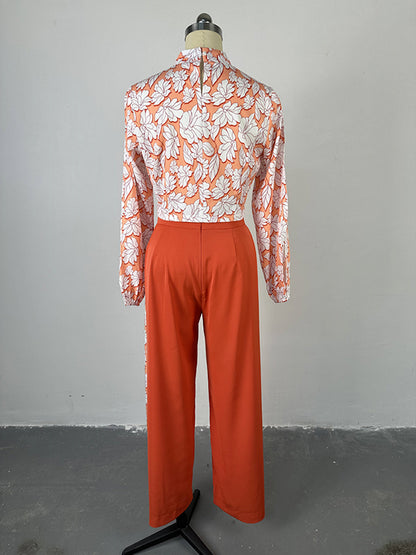 Long Sleeves Flower Print Hollow Mock Neck Shirts Top + High Waisted Pants Bottom Two Pieces Set