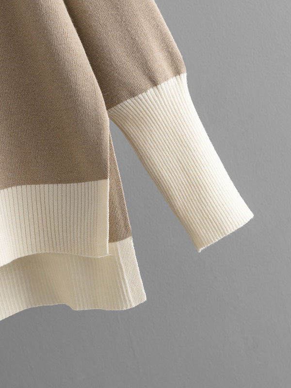 High-Low Contrast Color Split-Side V-Neck Sweater Tops + Elasticity Pants Trousers Two Pieces Set