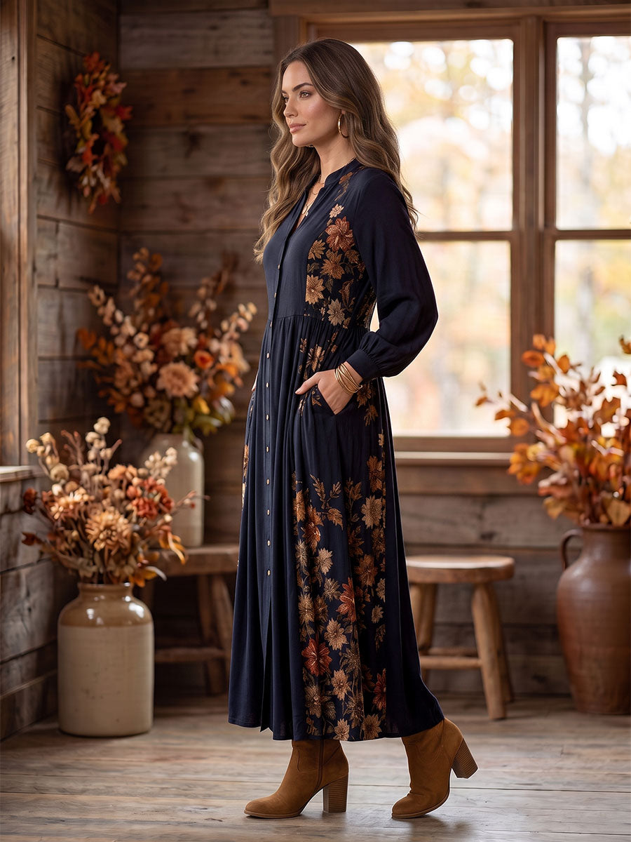 Pockets Pleated Flower Print Contrast Color Buttoned Loose Long Sleeves Round-neck Maxi Dresses