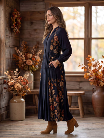 Pockets Pleated Flower Print Contrast Color Buttoned Loose Long Sleeves Round-neck Maxi Dresses