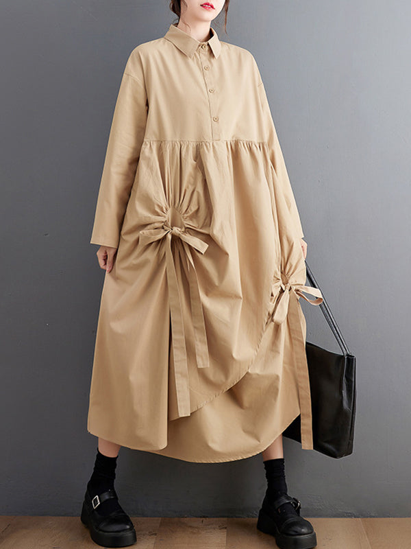 A-Line Long Sleeves Buttoned Pleated Pockets Solid Color Tied Lapel Midi Dresses Shirt Dress