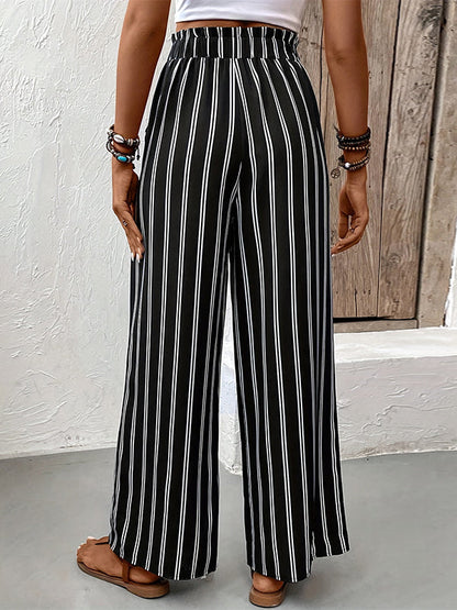 High Waisted Loose Contrast Color Pockets Striped Tied Waist Pants Trousers