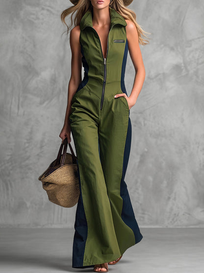 Sleeveless Wide Leg Contrast Color Pockets Zipper Lapel Jumpsuits