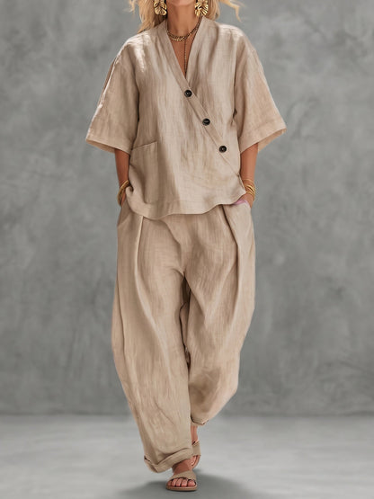 Loose Solid Color V-Neck Asymmetric Buttoned Blouses&Shirts Tops + High Waisted Pockets Pants Trousers Two Pieces Set