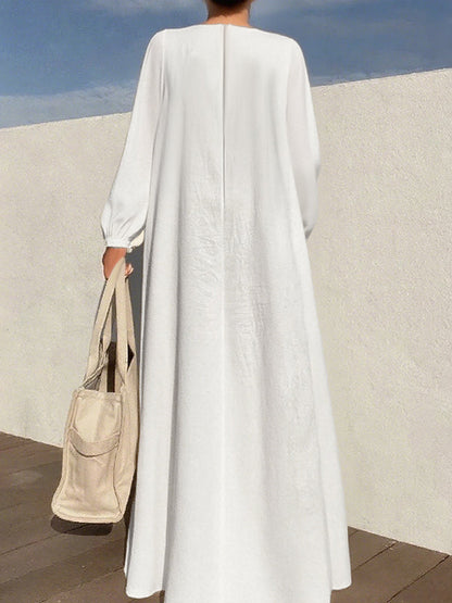 Long Sleeves Loose Pleated Solid Color Zipper Round-Neck Maxi Dresses