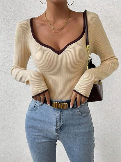 Long Sleeves Skinny Contrast Color Pleated Split-Joint V-Neck T-Shirts