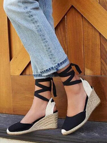 Buckle Split-Joint Square-Toe Lace-Up Ankle Wrap Espadrille Wedge Sandals