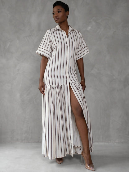 Half Sleeves Loose Buttoned Contrast Color Pleated Split-Joint Striped Lapel Maxi Dresses Shirt Dress