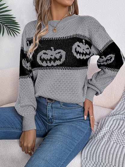 Long Sleeves Loose Contrast Color Split-Joint Round-Neck Pullovers Sweater Tops