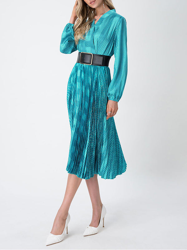 Long Sleeves Loose Belted Pleated Printed V-Neck Midi Dresses