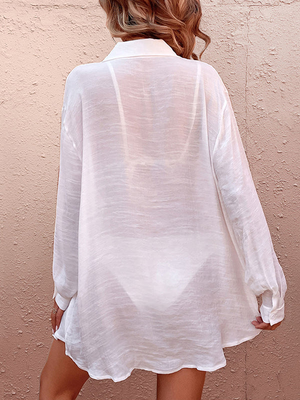 Long Sleeves Loose See-Through Solid Color Split-Joint Lapel Blouses&Shirts Tops