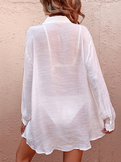 Long Sleeves Loose See-Through Solid Color Split-Joint Lapel Blouses&Shirts Tops