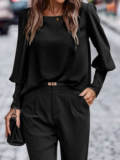 Long Sleeves Loose Buttoned Pleated Solid Color Round-Neck Blouses&Shirts Tops